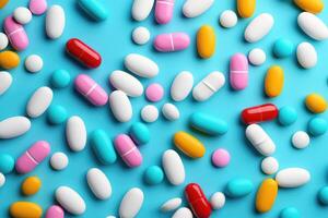 AI generated Assorted colorful medication pills close-up photo