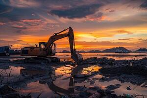 ai generado excavador en construcción sitio en el antecedentes a puesta de sol foto