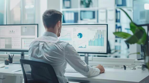 AI generated Businessman working on computer, analyzing business data, graphs and diagrams in modern office. photo