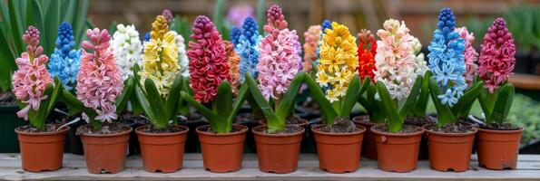 AI generated Vivid hyacinth flowers in pots against blurred backdrop with space for text, nature concept photo