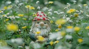 AI generated Garden gnome in spring forest with greenery on blurred natural background, copy space photo