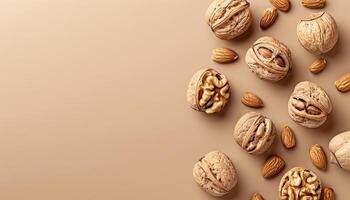 AI generated Assorted nuts on neutral background with ample space for creative text placement photo