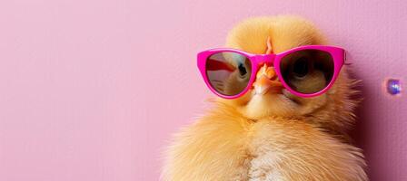 ai generado humorístico pollo vistiendo Gafas de sol aislado en pastel antecedentes con Copiar espacio para texto foto