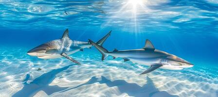 AI generated Majestic blue shark in vast ocean, stunning underwater photography of powerful marine predator photo