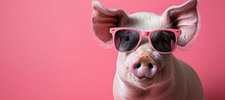 AI generated Playful pig in sunglasses on pastel background with copy space, animal humor concept photo
