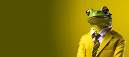 AI generated Frog in business attire as corporate employee, studio shot with copy space on plain wall. photo