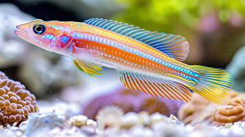 ai generado vistoso dottyback pescado nadando entre vibrante corales en un agua salada acuario ambiente foto