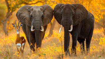 AI generated Elephant and gazelle in golden savannah, symbolizing unity and serenity for wildlife sanctuary ad photo
