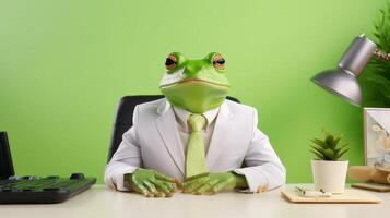 AI generated Anthropomorphic frog in business attire, corporate setting, studio shot with text placement space. photo