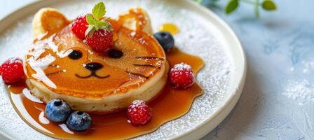 AI generated Creative kids breakfast  tiger face pancake with berries and honey on white plate, copy space photo