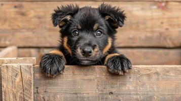 AI generated Curious puppy peeking over beige wooden background, copy space, cute dog on blurred backdrop photo