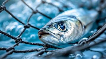 AI generated Fish caught in fishing net, highlighting impact of human waste on marine life and environment photo