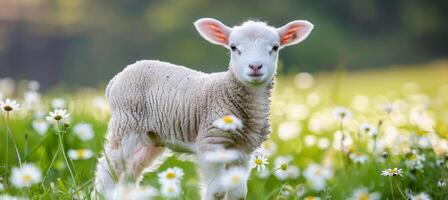 ai generado joven Cordero pasto en margarita campo, sereno naturaleza escena con granja animal, Perfecto para texto colocación foto