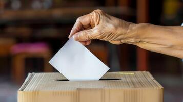 ai generado mujer sumisión su votación votación en un seguro caja a un moderno votación estación durante elecciones. foto