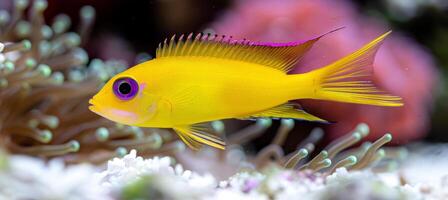 ai generado vibrante anthias pescado nadando en medio de vistoso corales en un agua salada acuario ambiente foto