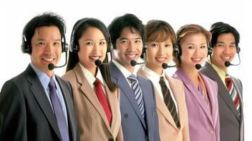 AI generated Asian professionals in modern call center providing customer service assistance. photo