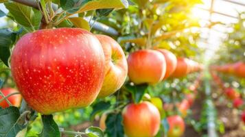 AI generated Organic apples growing on tree in greenhouse, healthy fruits concept with space for text placement photo