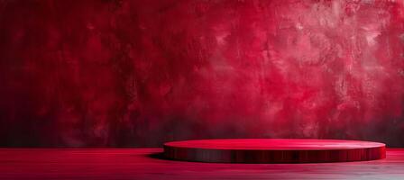 AI generated Empty red podium on light studio stage platform with spotlight abstract scene for product display photo