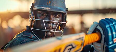 AI generated Close up shots of cricket players  intense gaze, emphasizing focus and determination with copy space photo