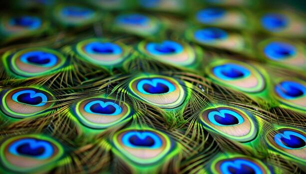 AI generated Detailed close up shots of vibrant peacock feathers creating a stunning background photo