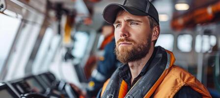 AI generated Navigation officer on watch in the captain s bridge of a cruise ship during cargo operations photo