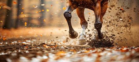 ai generado emocionante caballo carrera dinámica ver capturar intenso competencia con atención en pezuñas en acción foto