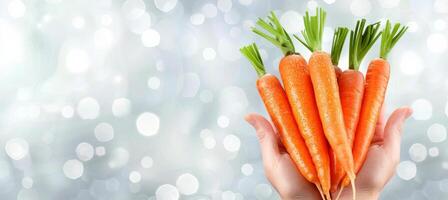 AI generated Hand holding assorted carrots with blurred background, ideal for text placement and selection photo