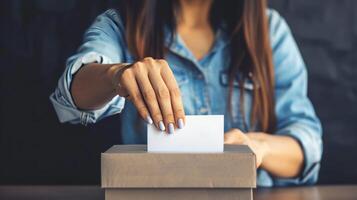 AI generated Empowered female voter submitting her ballot in secure box at sleek polling place photo