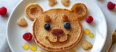 AI generated Adorable tiger face pancake breakfast for kids with berries and honey on white plate, copy space photo