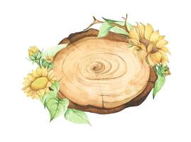 Wooden slice with floral decoration. Watercolor illustration. vector