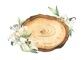 Wooden slice with floral decoration. Watercolor illustration. vector