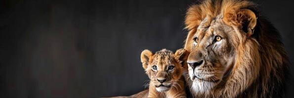 AI generated Male lion and lion cub portrait with empty space on left for text, object on right side photo