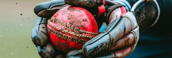 AI generated Close up of cricket players gripping bat and ball, highlighting precision and skill with copy space. photo