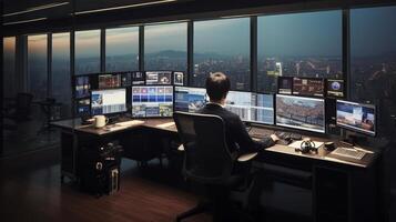 AI generated Security guards monitoring traffic in control room with video wall for legal services photo