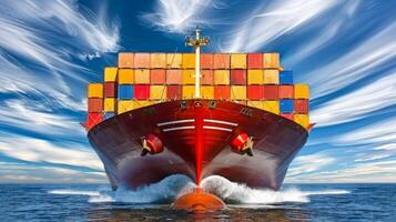 AI generated Container ship fully loaded front view in vibrant blue ocean waters on sunny day photo