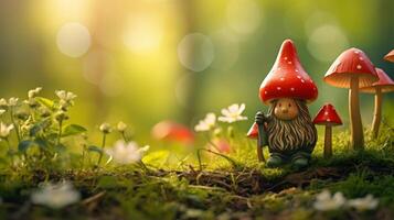 AI generated Garden gnome in spring forest with greenery on blurred natural background, copy space photo