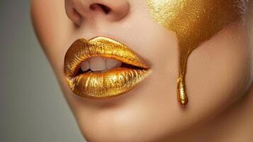 ai generado dorado líquido maquillaje gotea en modelo s rostro, labios, y uñas en maravilloso belleza Disparo foto