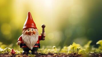 AI generated Garden gnome in spring forest with greenery, on blurred natural background for text placement. photo