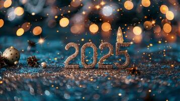 AI generated 2025 new year greeting card with 3d golden  2025  on dark background with fireworks and bokeh. photo