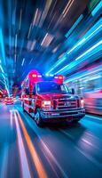 ai generado emergencia ambulancia carreras con borroso movimiento efecto para médico respuesta Servicio concepto foto