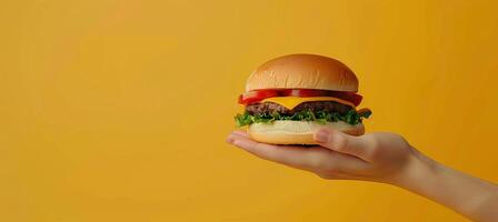 AI generated Hands holding delicious burger on yellow background with ample space for text placement photo