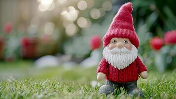 AI generated Enchanting garden gnome in spring forest with greenery on blurred natural background, space for text photo