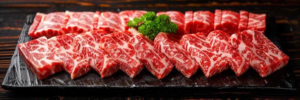 AI generated Asian style sliced raw wagyu beef bbq with ample space for creative text placement photo