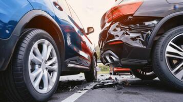 AI generated Two vehicles damaged in head on collision on street, car crash resulting in damage to cars photo