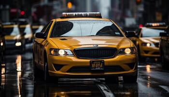 ai generado vibrante Nueva York calle con borroso movimiento de amarillo taxis en céntrico 16k alta calidad urbano imagen foto