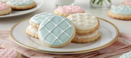 AI generated Iced cookies with vintage quilt pattern in blue and pink on colorful dough background photo