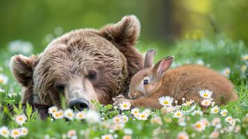 AI generated Peaceful coexistence  grizzly bear and rabbit resting in meadow at sunset for wildlife protection photo