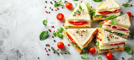 AI generated Triangle ham, cheese, and tomato sandwich with salad on bright white background, copy space included photo