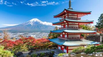 AI generated Mtfuji  tallest volcano in tokyo, japan with snow capped peak and autumn red trees nature landscape photo