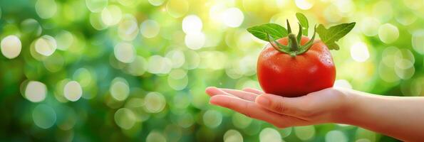 AI generated Hand holding ripe tomato with copy space, tomato selection on blurred background photo